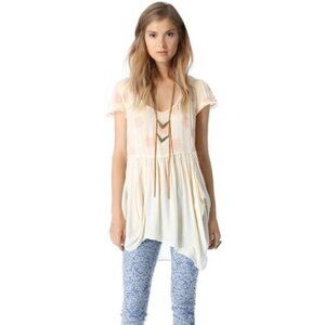 Free People Floral Dandelion & Delicate Lace Trim Asymmetrical  Flowy Boho Top